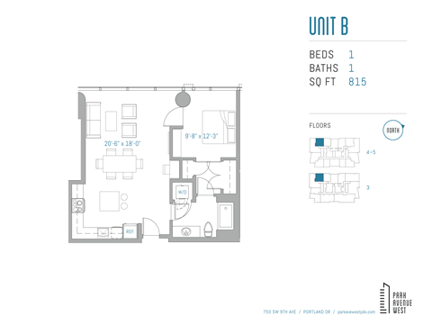 Floor plan for 1 bed, 1 bath, 815 sqft